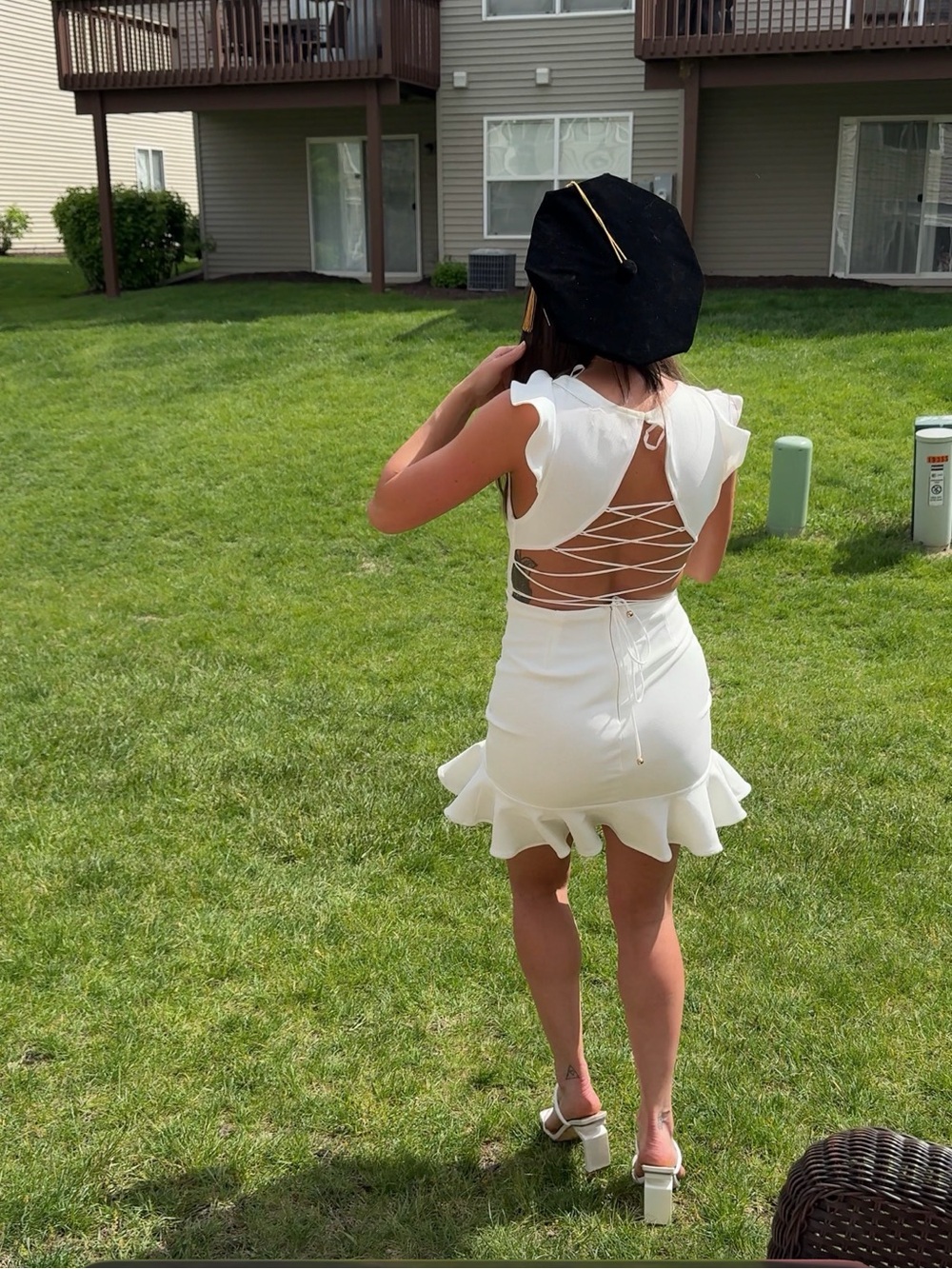 Take Note Frill Dress White Ruffle Open Back Dress - Picture 4 of 7